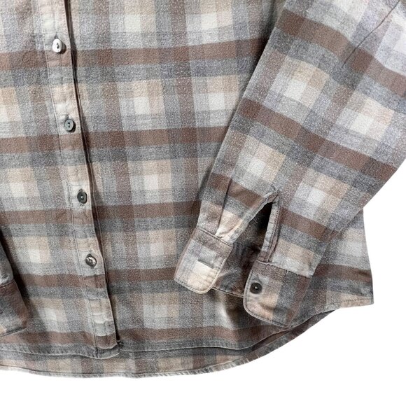 LL Bean Womens Small Plaid Flannel Button Up Shirt Band Collar Soft Beige Brown - Picture 4 of 12